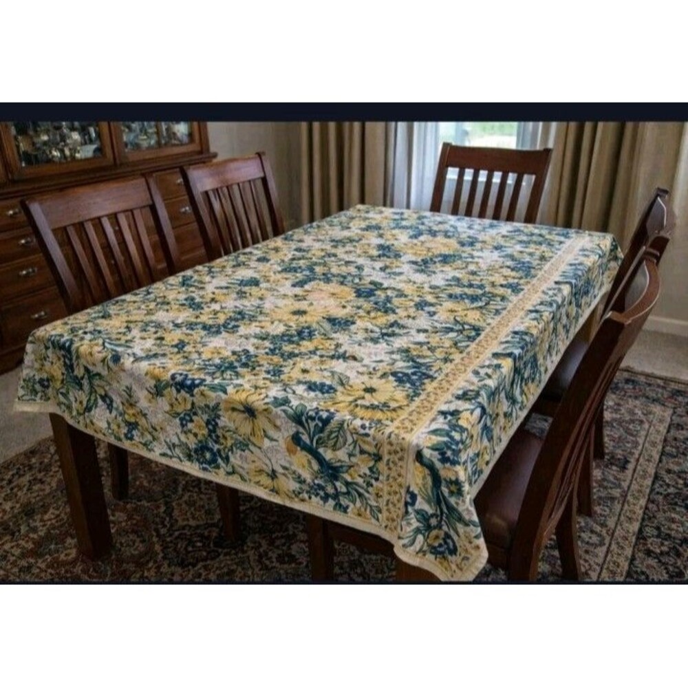 April Cornell Table Cloth 58x100 Yellow Floral And Birds EC Cotton